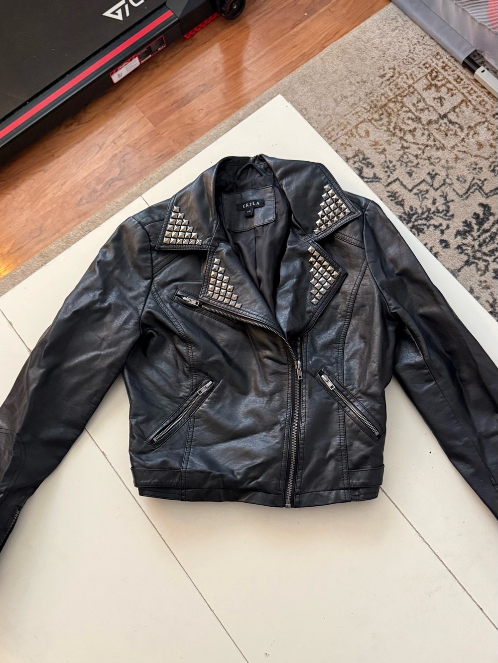 UK2LA Black Faux Leather Studded Moto Biker Jacket Grunge Punk Rock Edgy Chic L - Picture 2 of 6